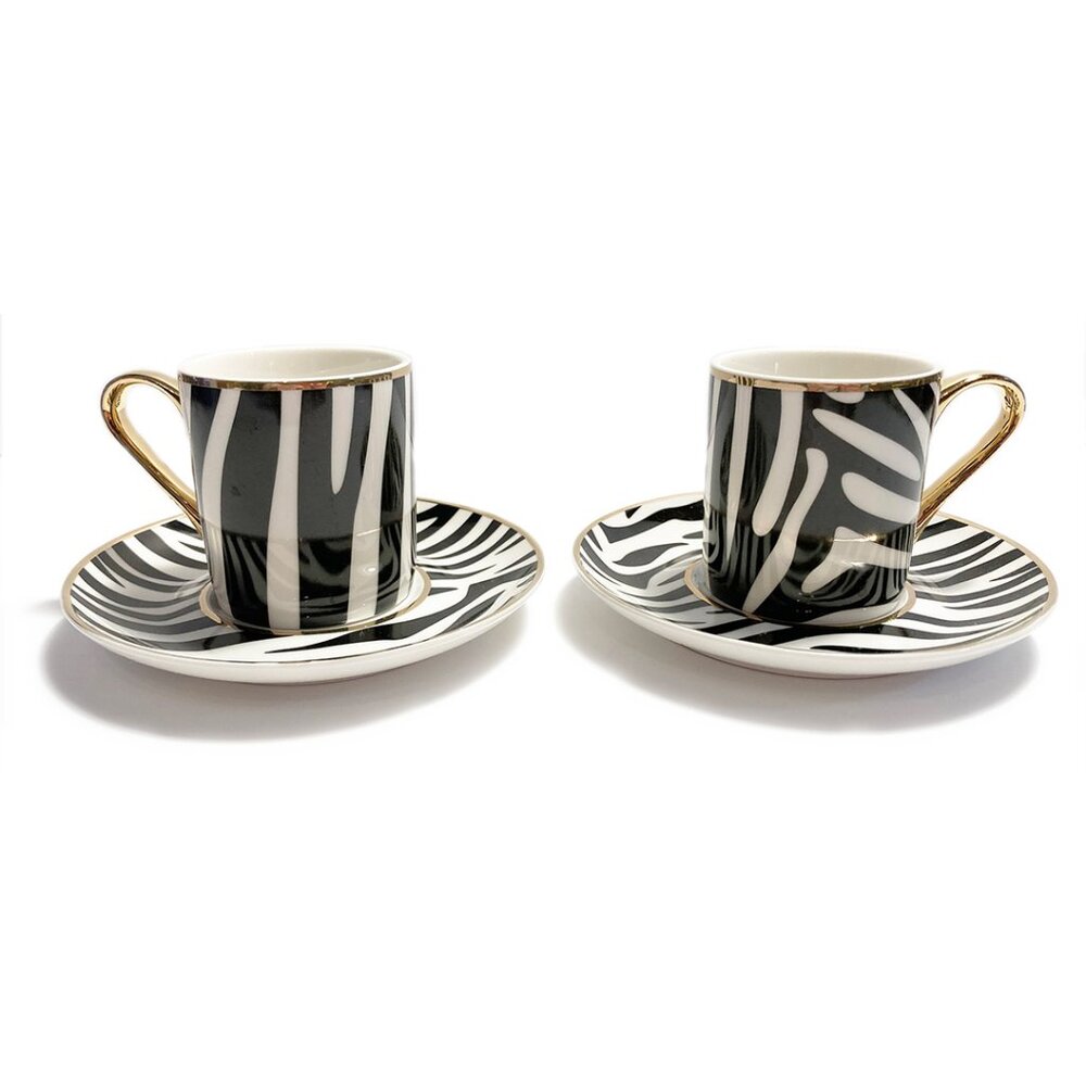 2 Sets of NEW Black & White Zebra Design Bone China 2-Piece Espresso Set w/Gol…